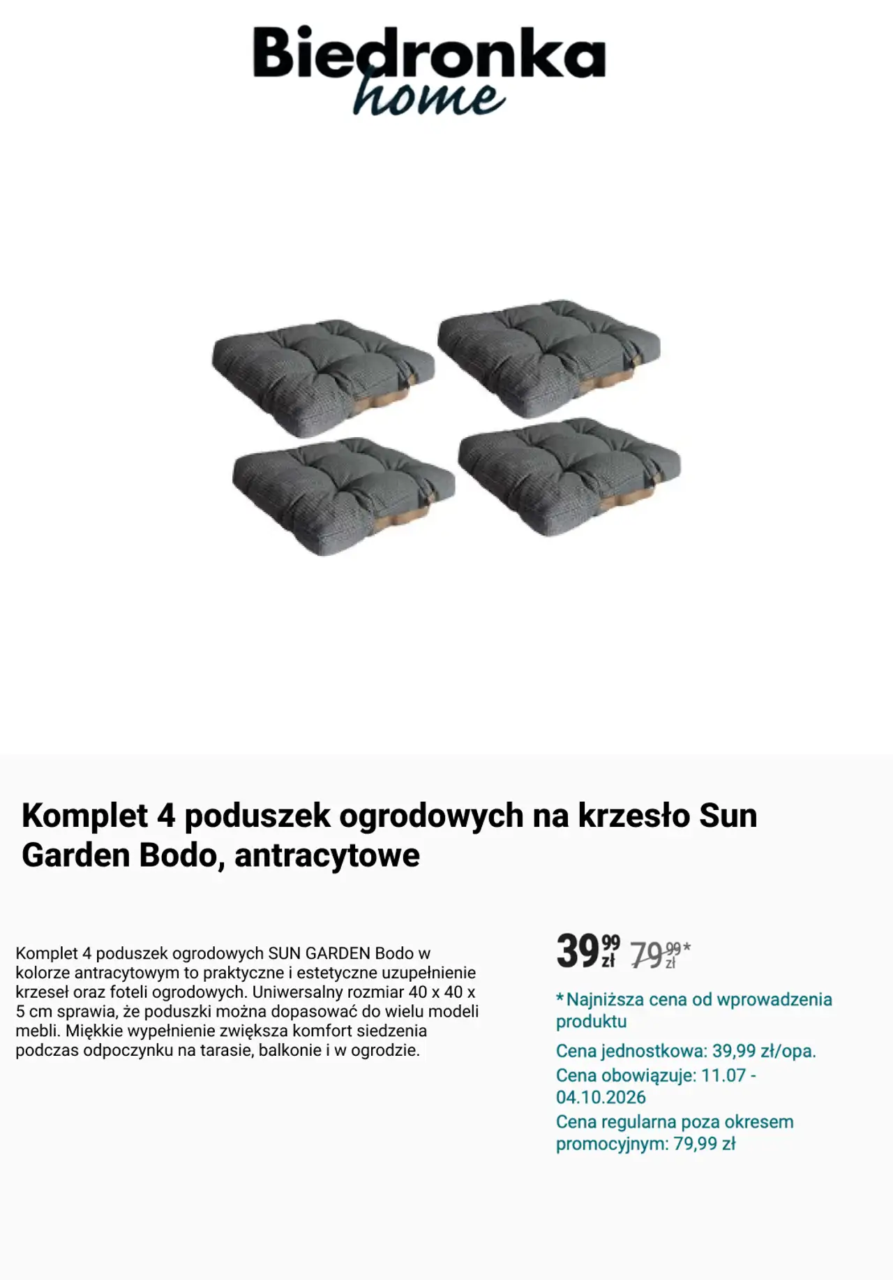 Komplet 4 poduszek ogrodowych na krzesło Suń Garden Bodo, antracytowe