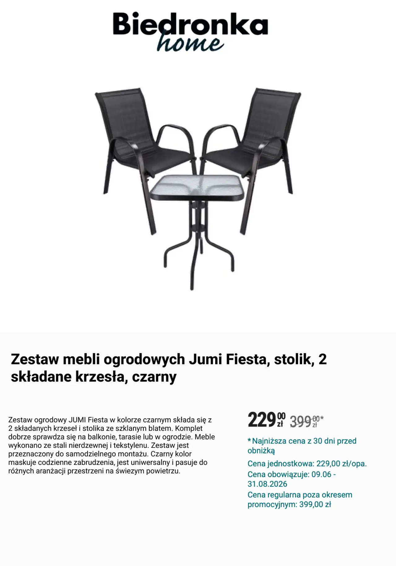 Zestaw mebli ogrodowych Jumi Fiesta, stolik, 2 składane krzesła, czarny