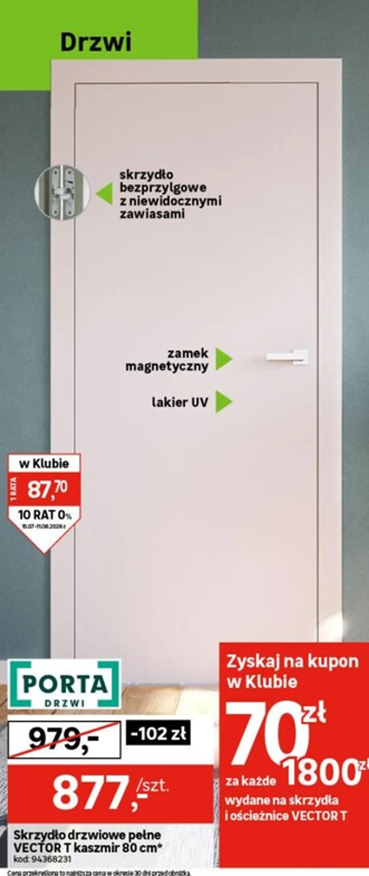 Skrzydło drzwiowe pełne PORTA VECTOR T kaszmir 80 cm