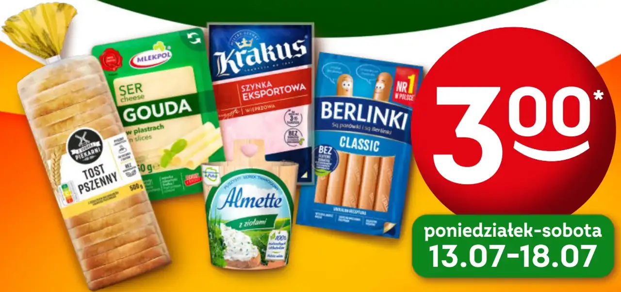 Oferta Żabkobranie: Chleb tostowy Z Dobrej Piekarni, Ser Gouda Mlekpol, Szynka Eksportowa Krakus, Serek puszysty Almette, Parówki Berlinki Classic