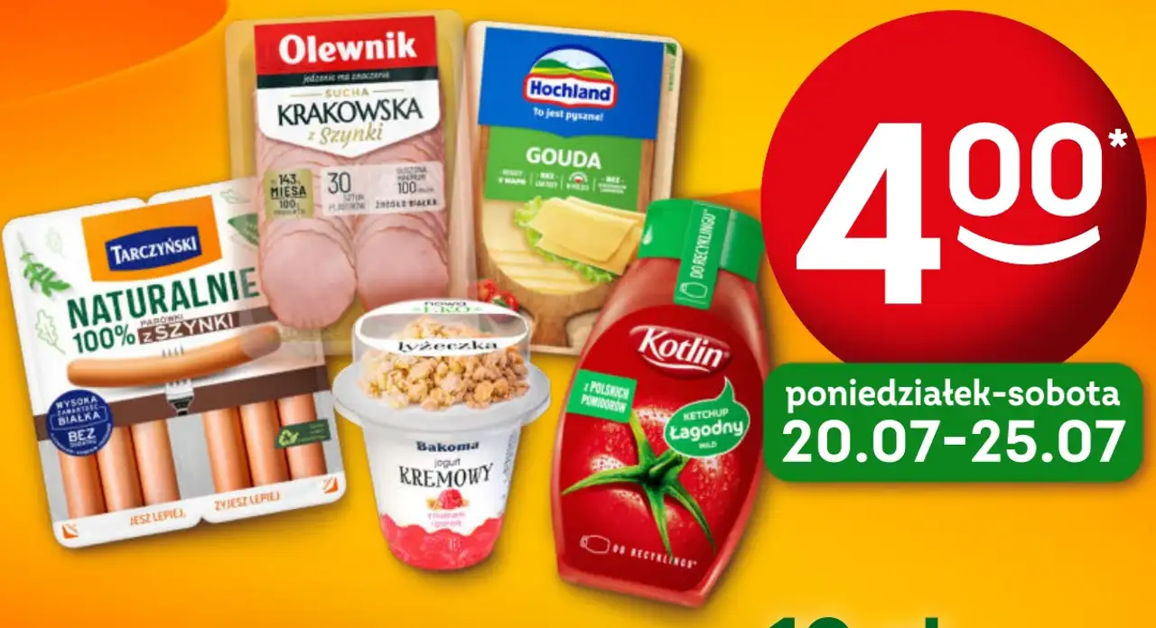 Oferta Żabkobranie: Parówki z szynki Tarczyński Naturalnie, Kiełbasa krakowska sucha Olewnik, Ser Gouda Hochland, Jogurt Kremowy Bakoma, Ketchup Kotlin
