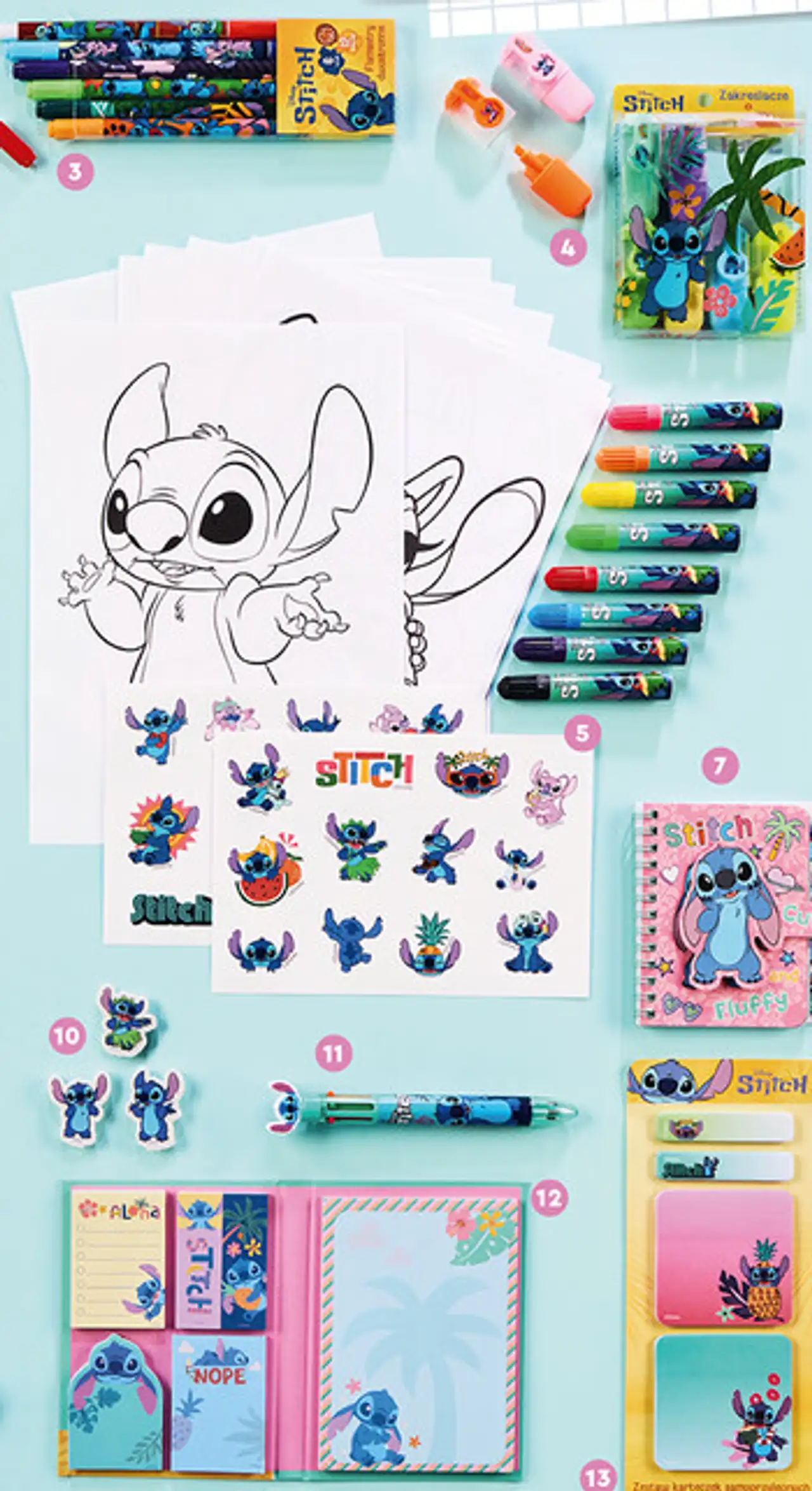 Artykuły szkolne Disney Stitch (m.in. flamastry, zakreślacze, kołonotes, karteczki)