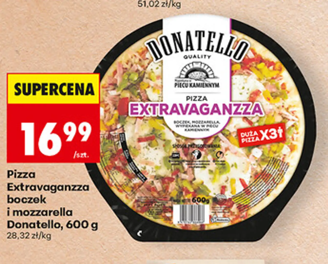 Pizza Extravaganzza boczek i mozzarella Donatello, 600 g