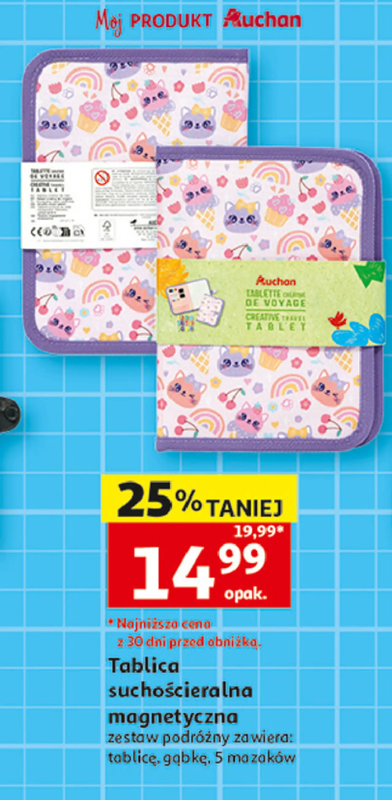 Tablica suchościeralna z pisakami i gąbką Auchan Różnorodne (Logo Czerwone)