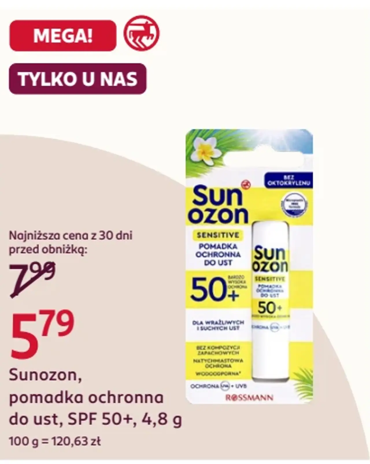 Sunozon, pomadka ochronna do ust, SPF 50+, 4,8 g