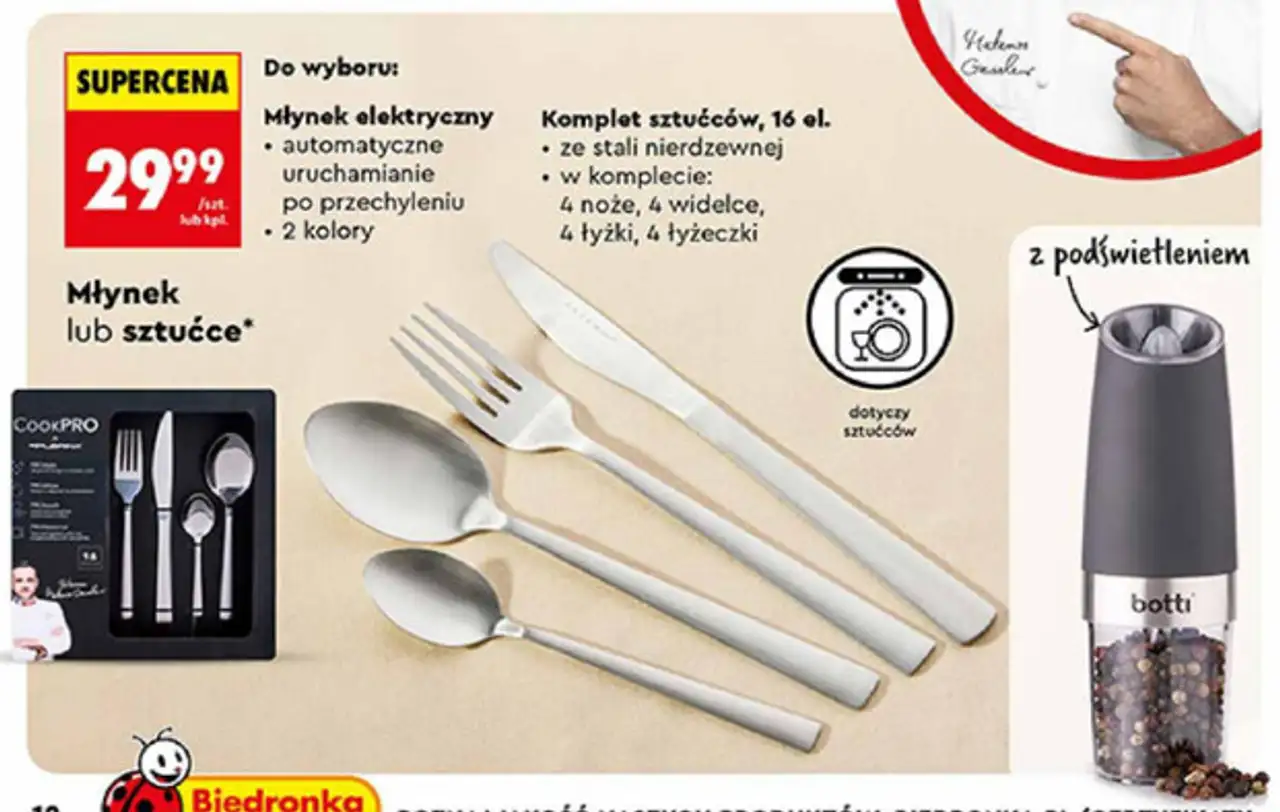 Młynek elektryczny Botti lub komplet sztućców CookPRO, 16 el.