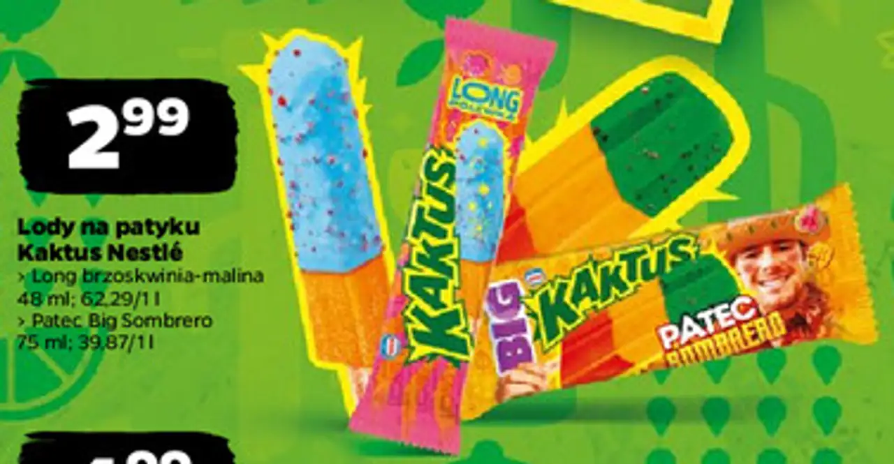 Lody na patyku Kaktus Nestlé (Long brzoskwinia-malina, Patec Big Sombrero)
