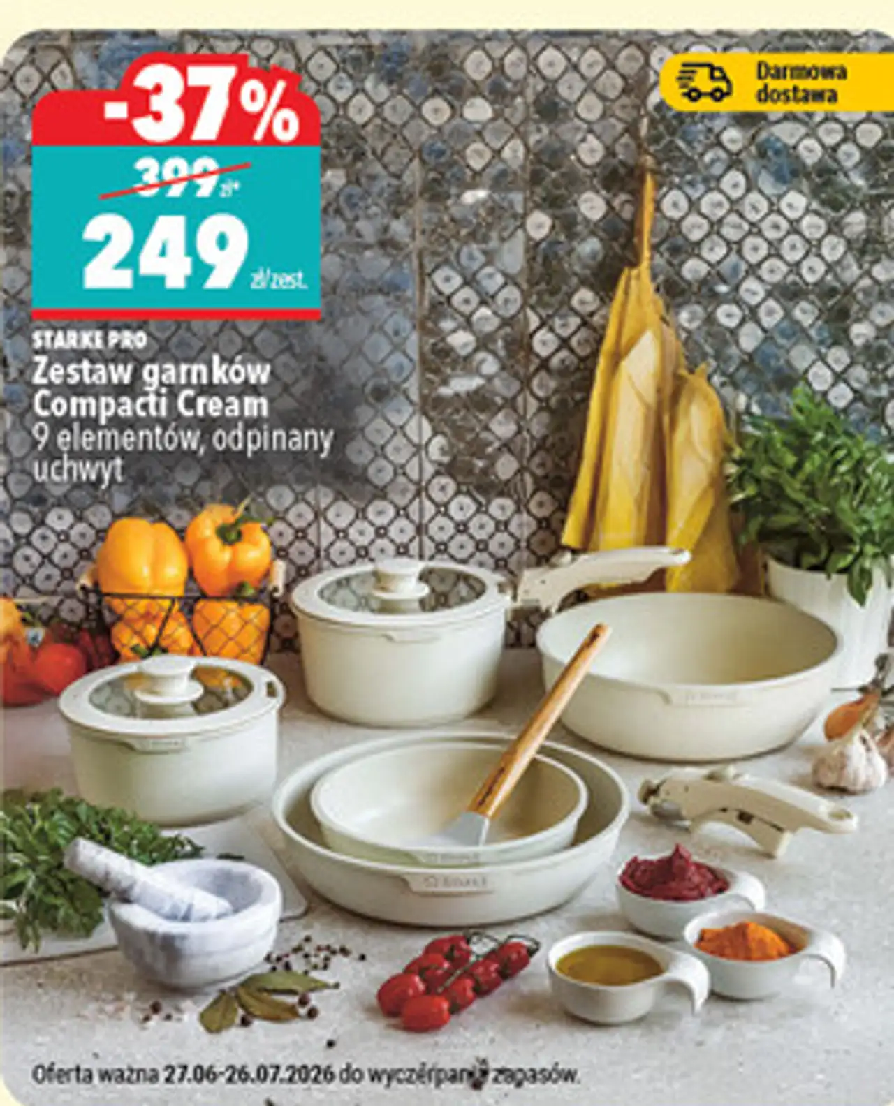 Starke Pro Zestaw garnków Compacti Cream 9 elementów, odpinany uchwyt