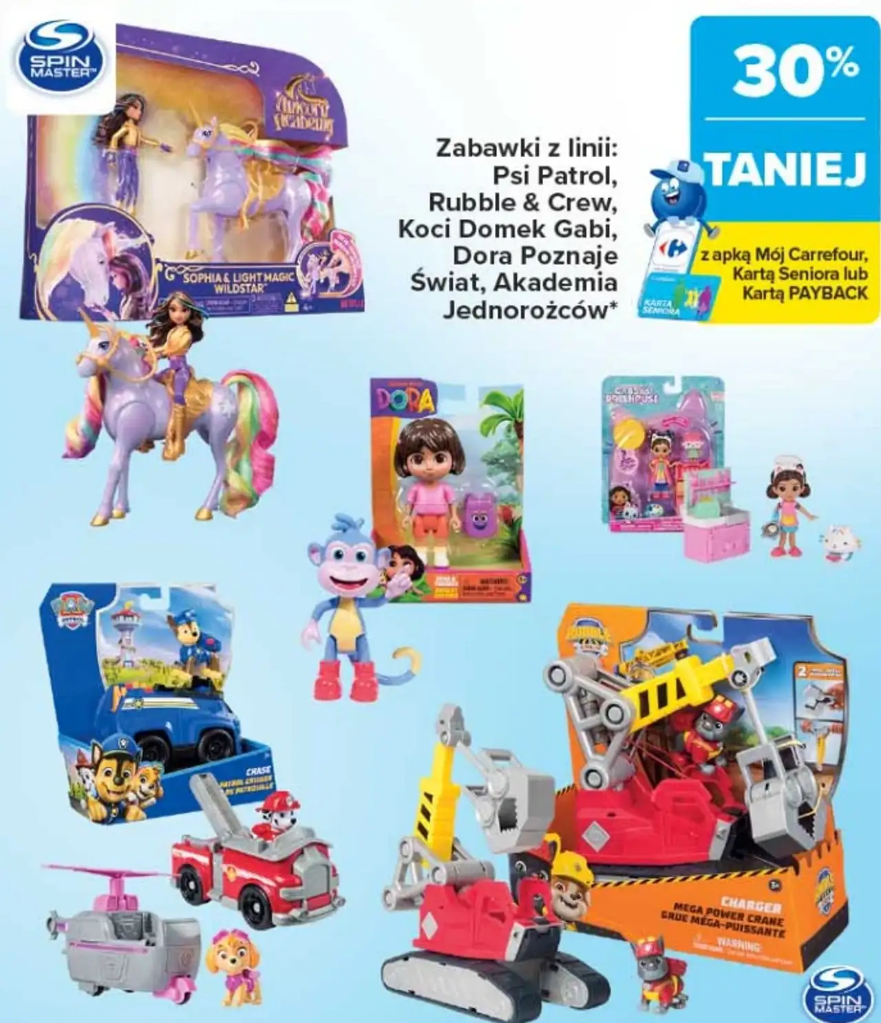 Zabawki z linii: Psi Patrol, Rubble & Crew, Koci Domek Gabi, Dora Poznaje Świat, Akademia Jednorożców