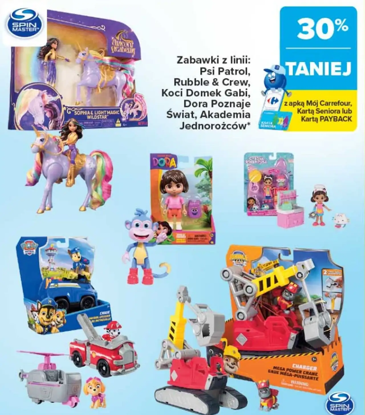 Zabawki z linii: Psi Patrol, Rubble & Crew, Koci Domek Gabi, Dora Poznaje Świat, Akademia Jednorożców