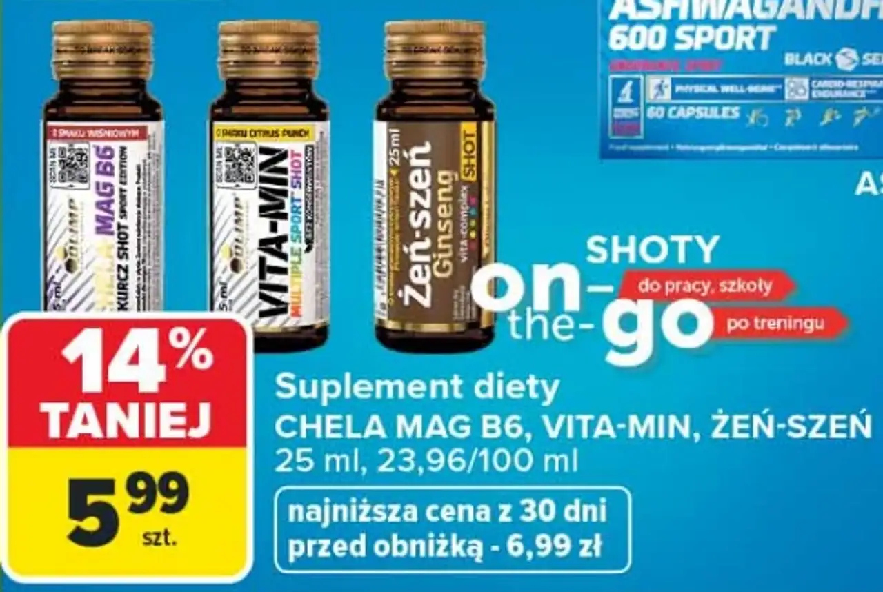 Suplementy diety w shotach Olimp (Chela Mag B6, Vita-Min, Żeń-Szeń)