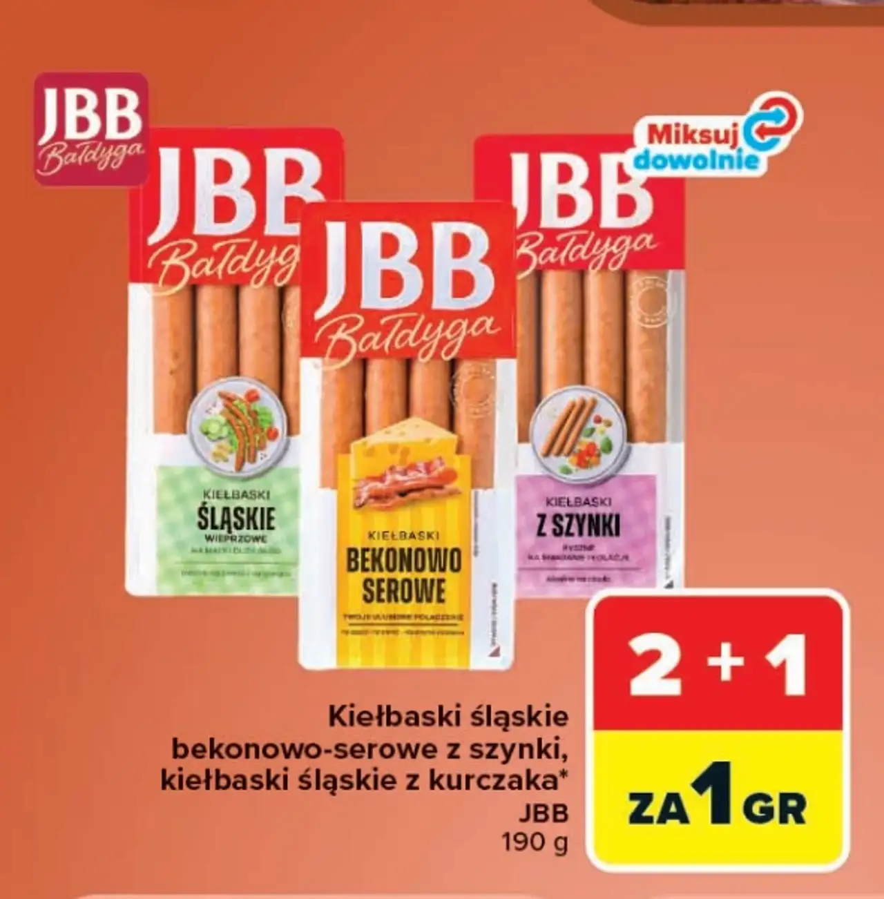 Kiełbaski śląskie bekonowo-serowe z szynki, kiełbaski śląskie z kurczaka JBB
