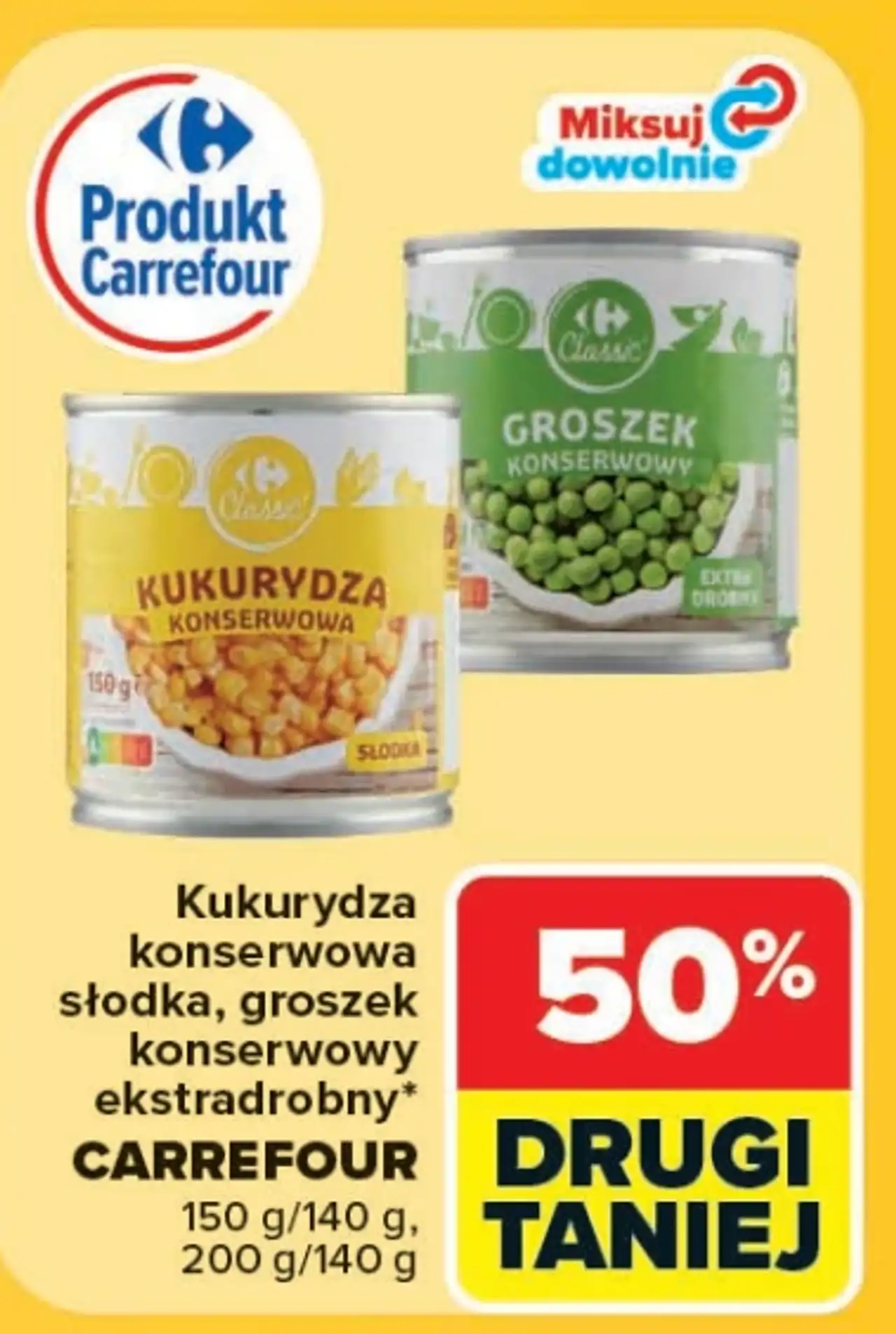 Kukurydza konserwowa słodka, groszek konserwowy ekstradrobny CARREFOUR