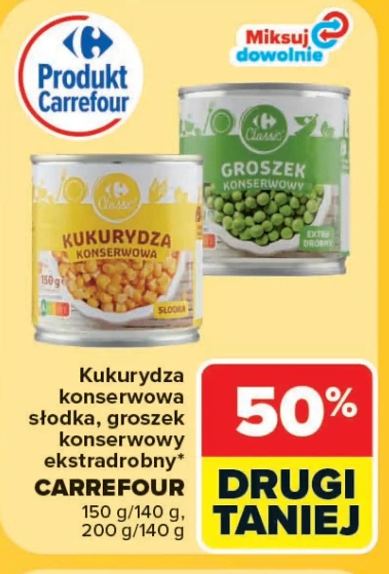 Kukurydza konserwowa słodka, groszek konserwowy ekstradrobny Carrefour