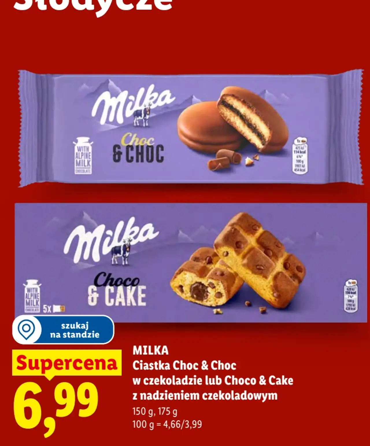 MILKA Ciastka Choc & Choc w czekoladzie lub Choco & Cake z nadzieniem czekoladowym