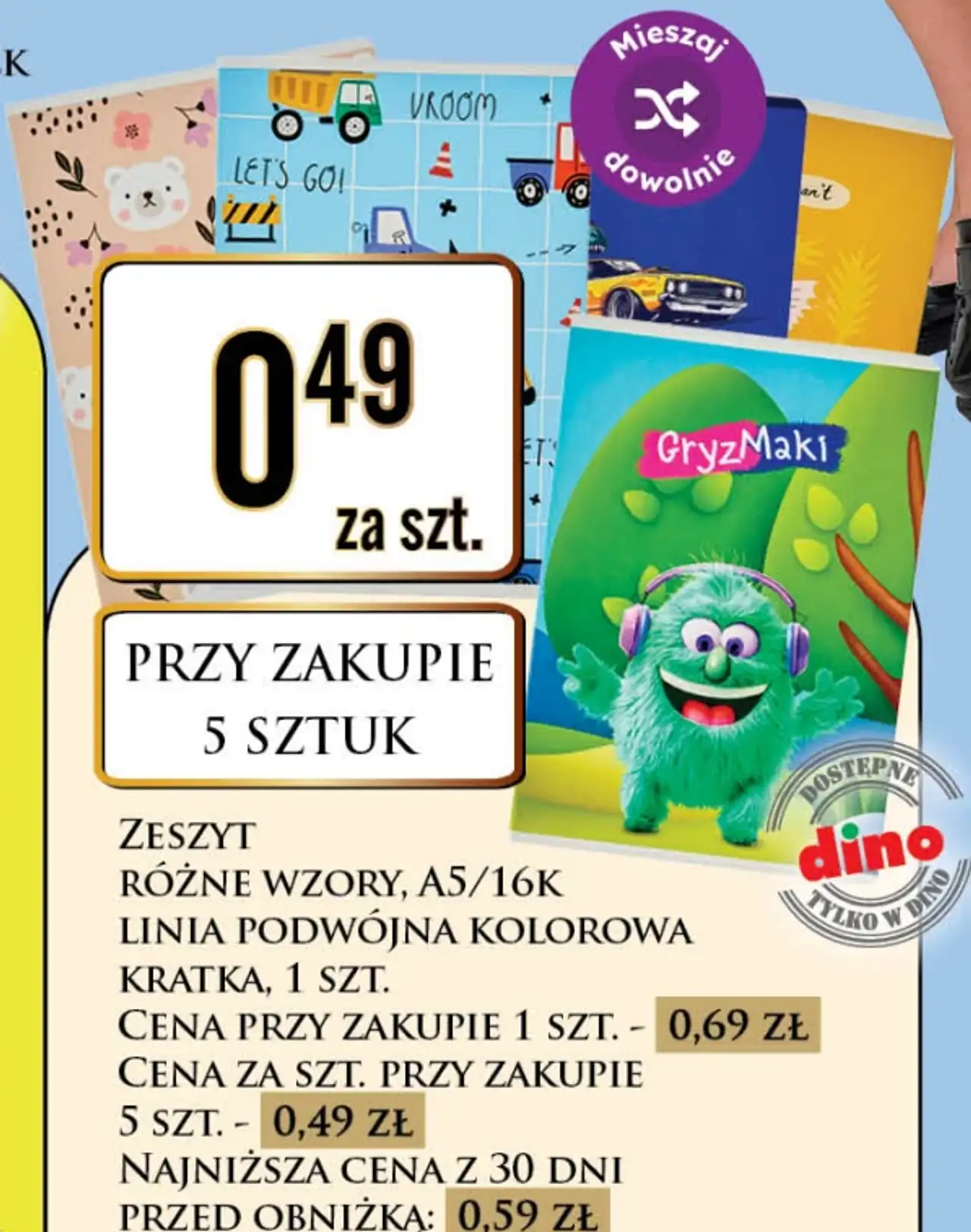 Zeszyt różne wzory, A5/16k, linia podwójna kolorowa, kratka