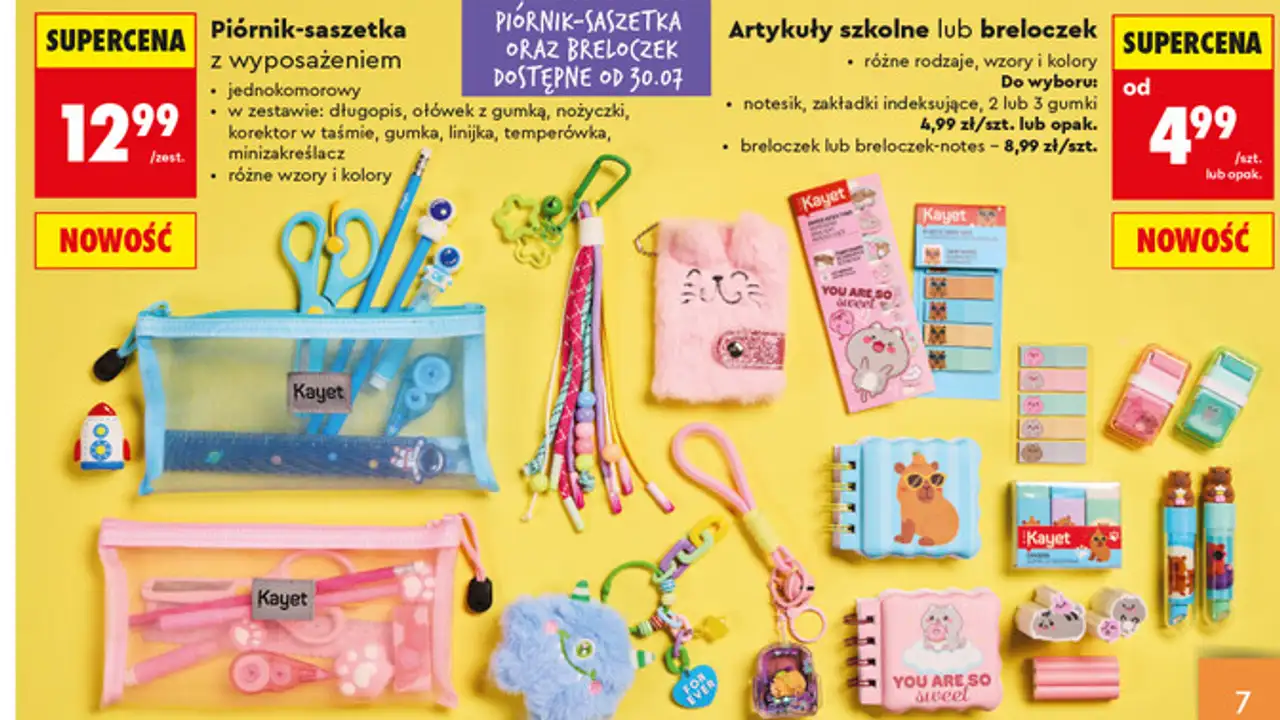 Artykuły szkolne Kayet (piórnik-saszetka z wyposażeniem, notesiki, zakładki, breloczki)