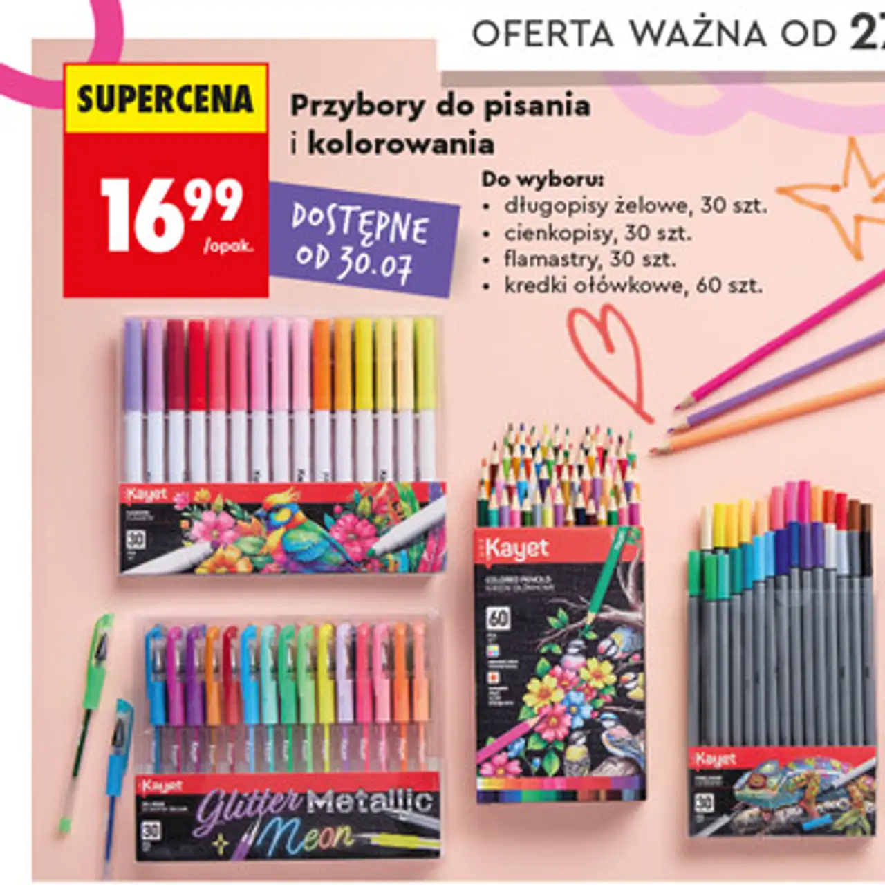 Przybory do pisania i kolorowania Kayet (długopisy żelowe / cienkopisy / flamastry / kredki ołówkowe)