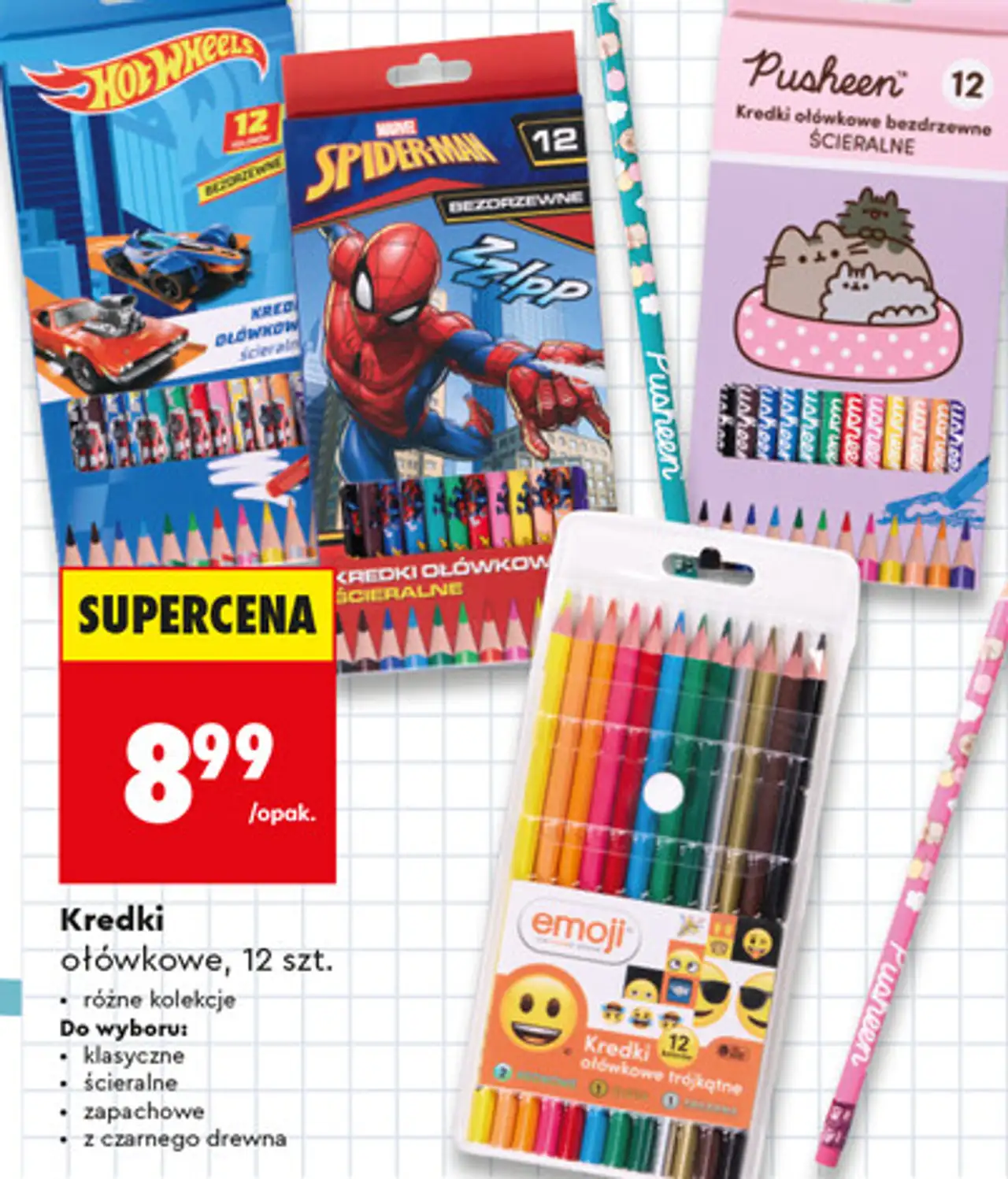 Kredki ołówkowe Loozz, Pusheen, Hot Wheels, Spider-man, Emoji, 12 szt.
