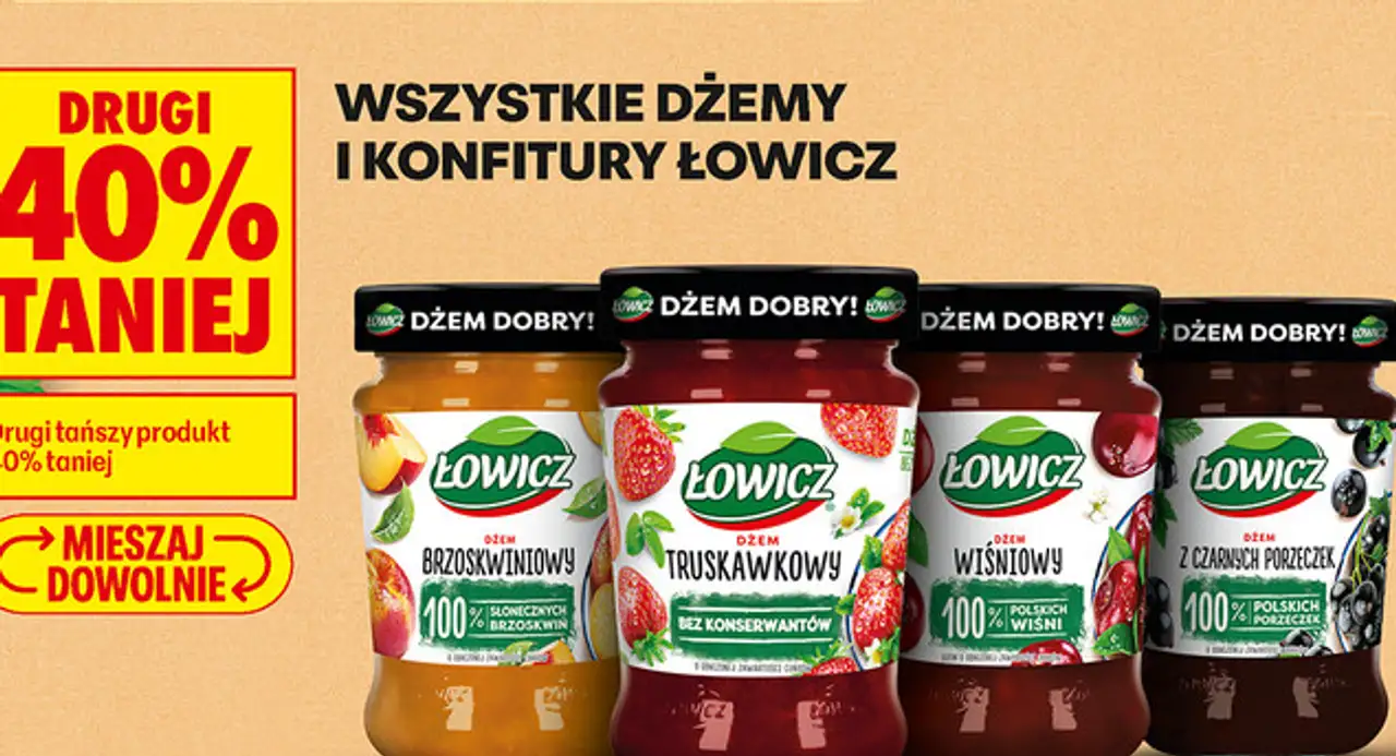 Dżemy Łowicz (Truskawkowy, Brzoskwiniowy, Wiśniowy, Z czarnych porzeczek)