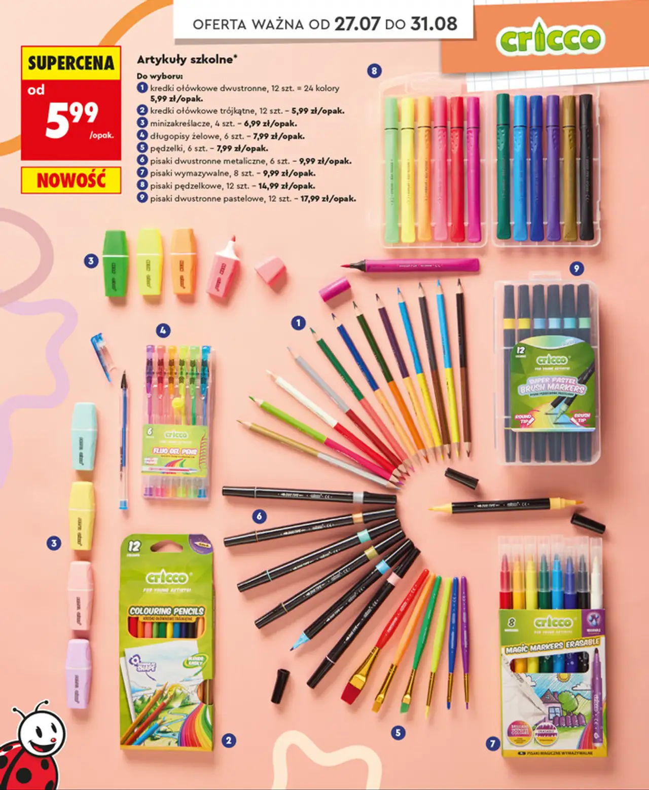 Artykuły szkolne Cricco (kredki, minizakreślacze, długopisy żelowe, pędzelki, pisaki)