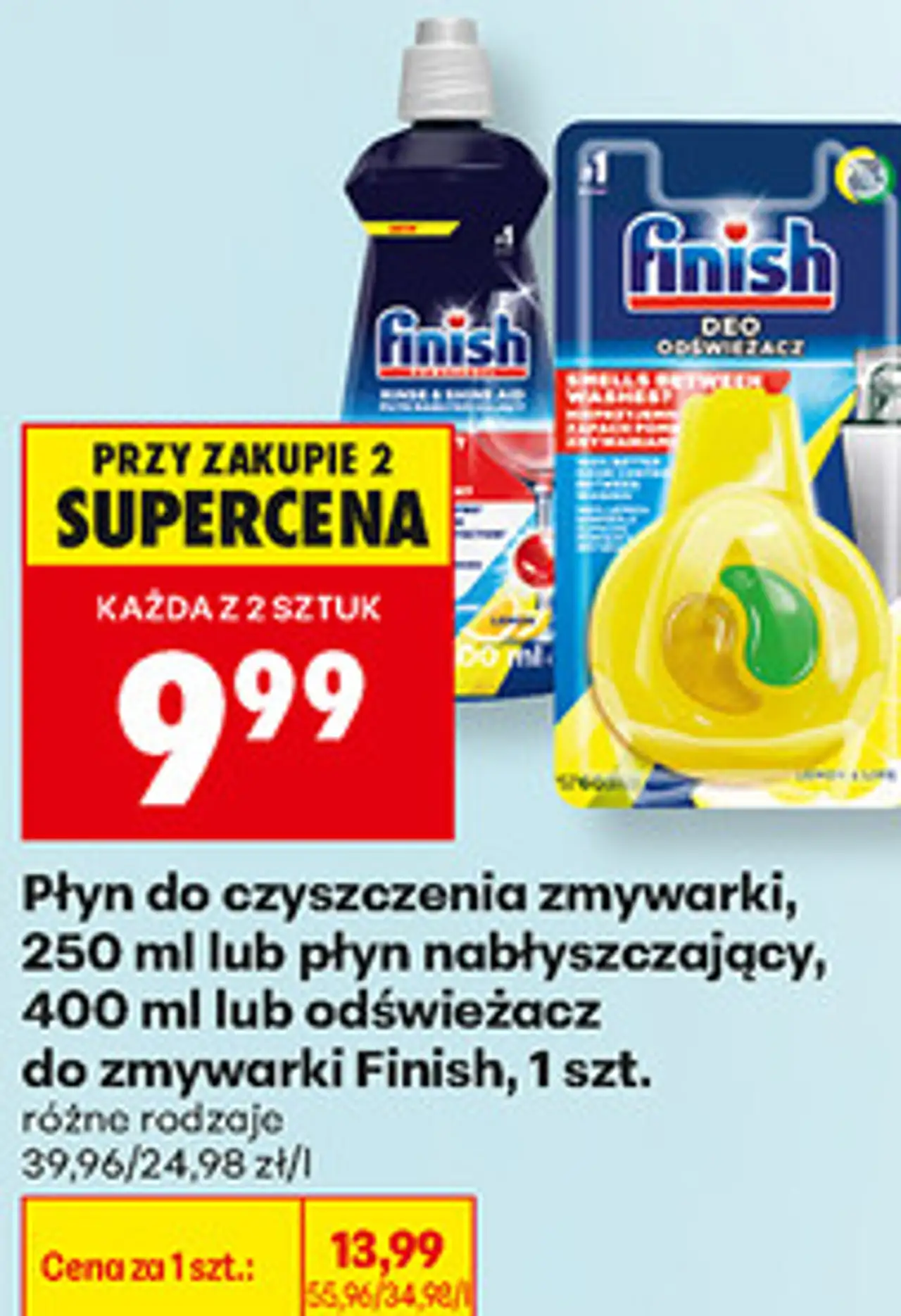 Płyn do czyszczenia zmywarki, 250 ml lub płyn nabłyszczający, 400 ml lub odświeżacz do zmywarki Finish, 1 szt.