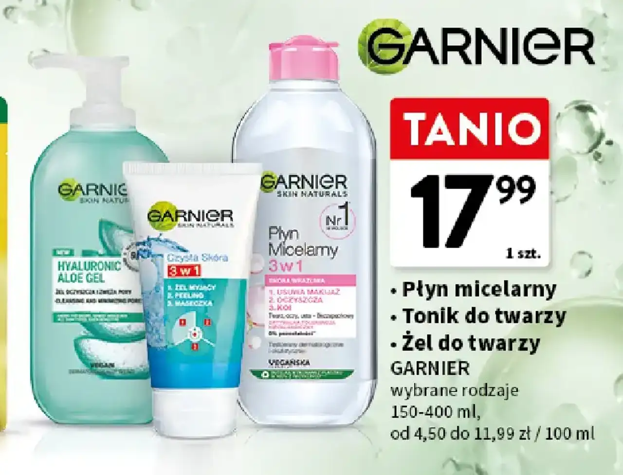 Płyn micelarny, Tonik do twarzy lub Żel do twarzy Garnier