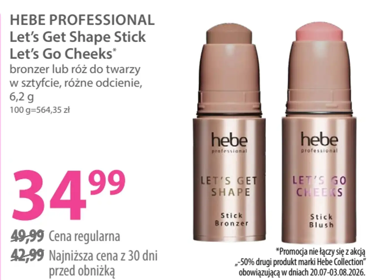 Hebe Professional Let's Get Shape Stick / Let's Go Cheeks bronzer lub róż do twarzy w sztyfcie, 6,2 g
