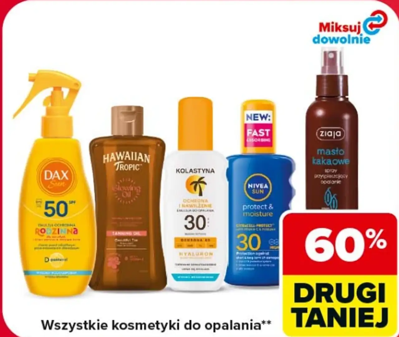Kosmetyki do opalania (różne marki np. Dax, Hawaiian Tropic, Kolastyna, Nivea, Ziaja)