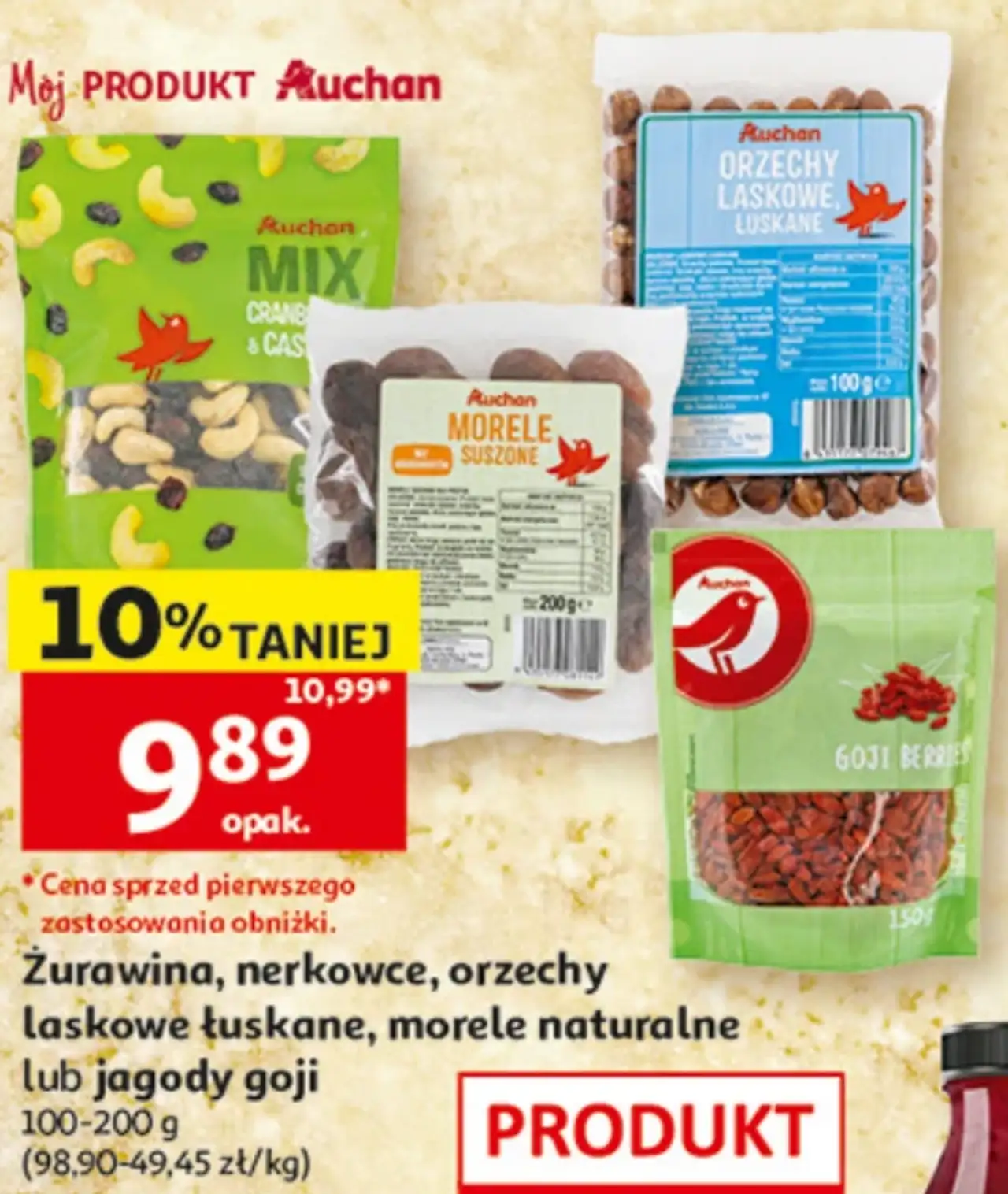 Żurawina, nerkowce, orzechy laskowe łuskane, morele naturalne lub jagody goji Auchan