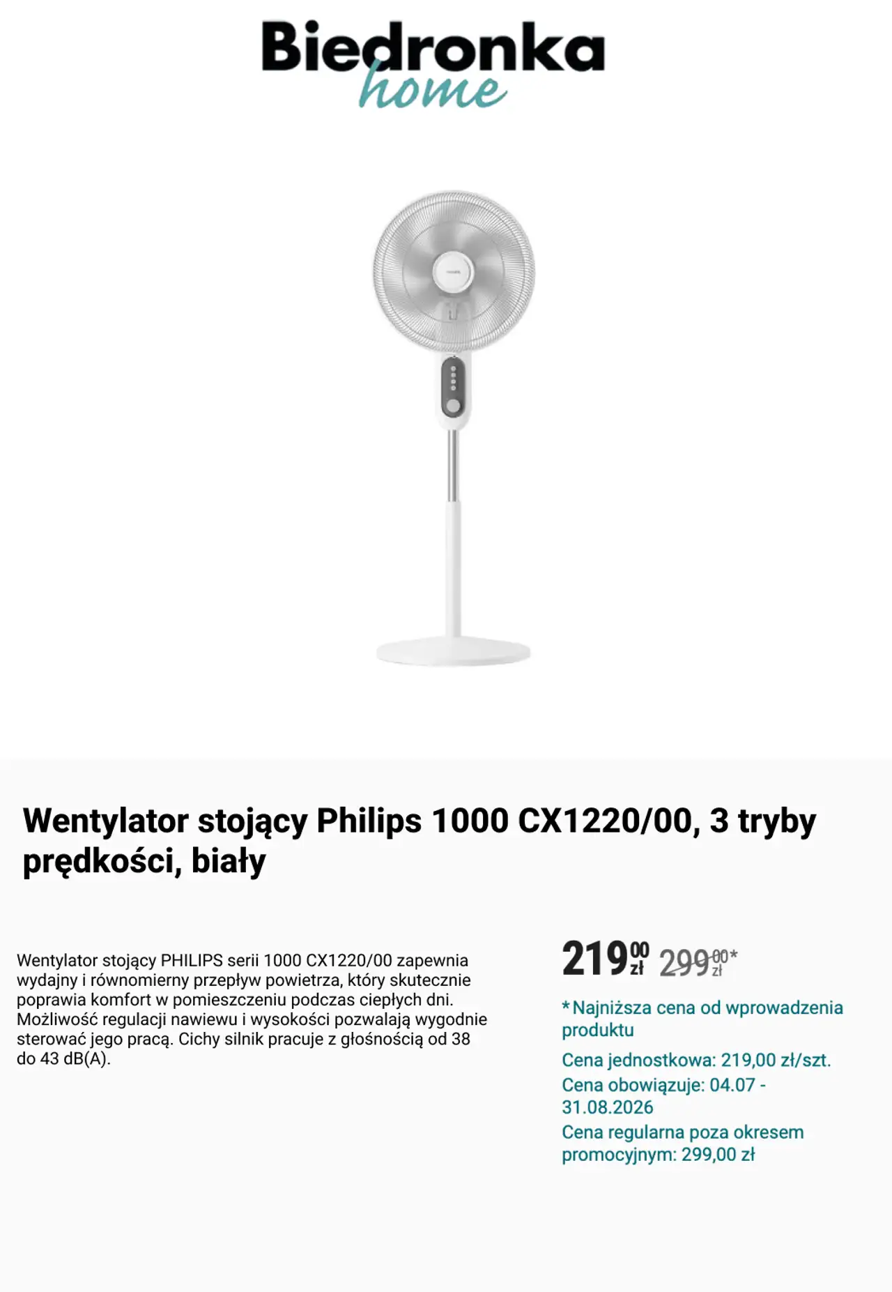 Wentylator stojący Philips 1000 CX1220/00, 3 tryby prędkości, biały