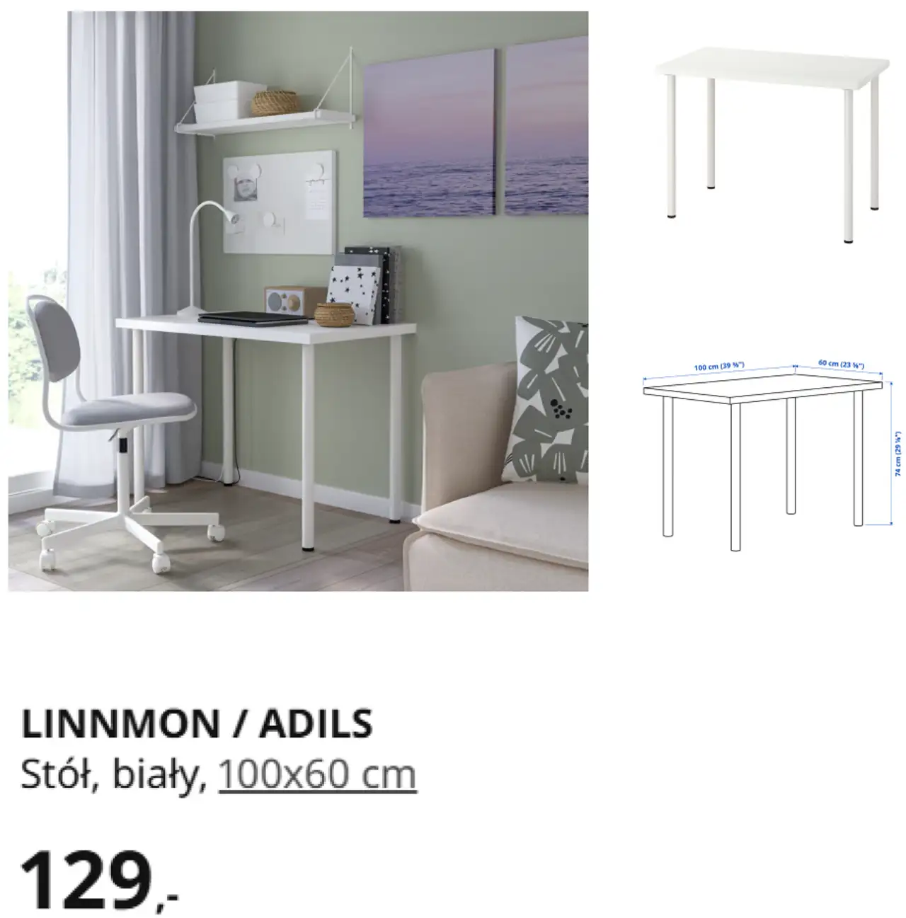 IKEA LINNMON / ADILS Stół, biały, 100x60 cm