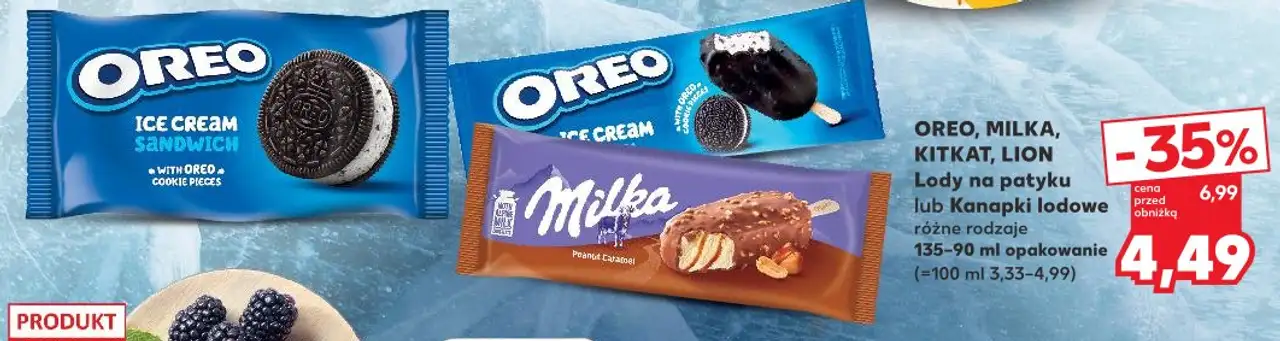 Oreo, Milka, Kitkat, Lion Lody na patyku lub Kanapki lodowe
