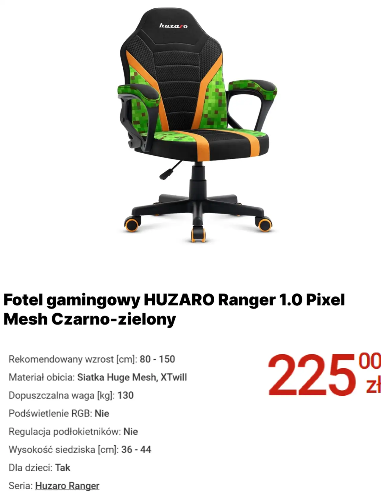 Fotel gamingowy HUZARO Ranger 1.0 Pixel Mesh Czarno-zielony