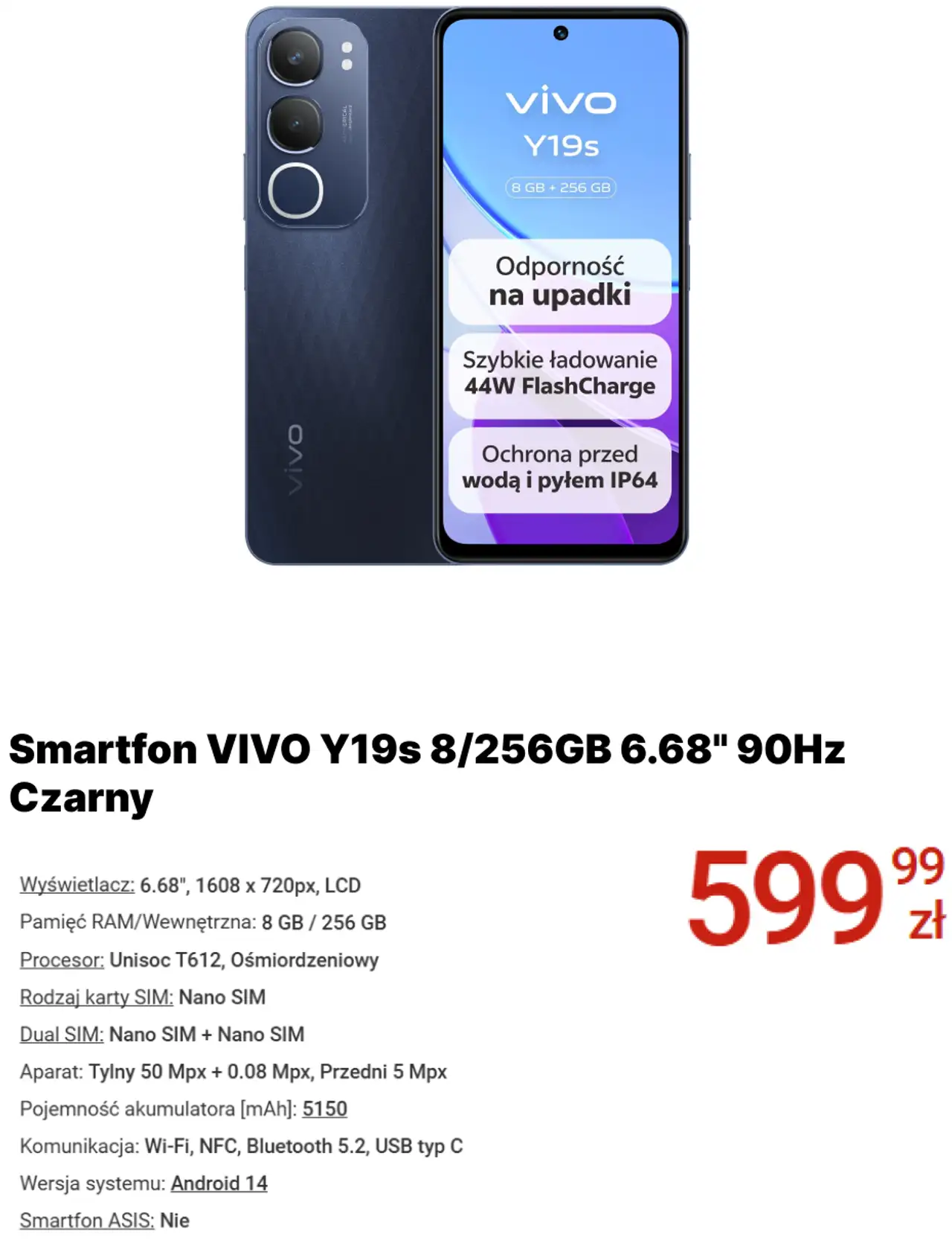 Smartfon VIVO Y19s 8/256GB 6.68" 90Hz Czarny