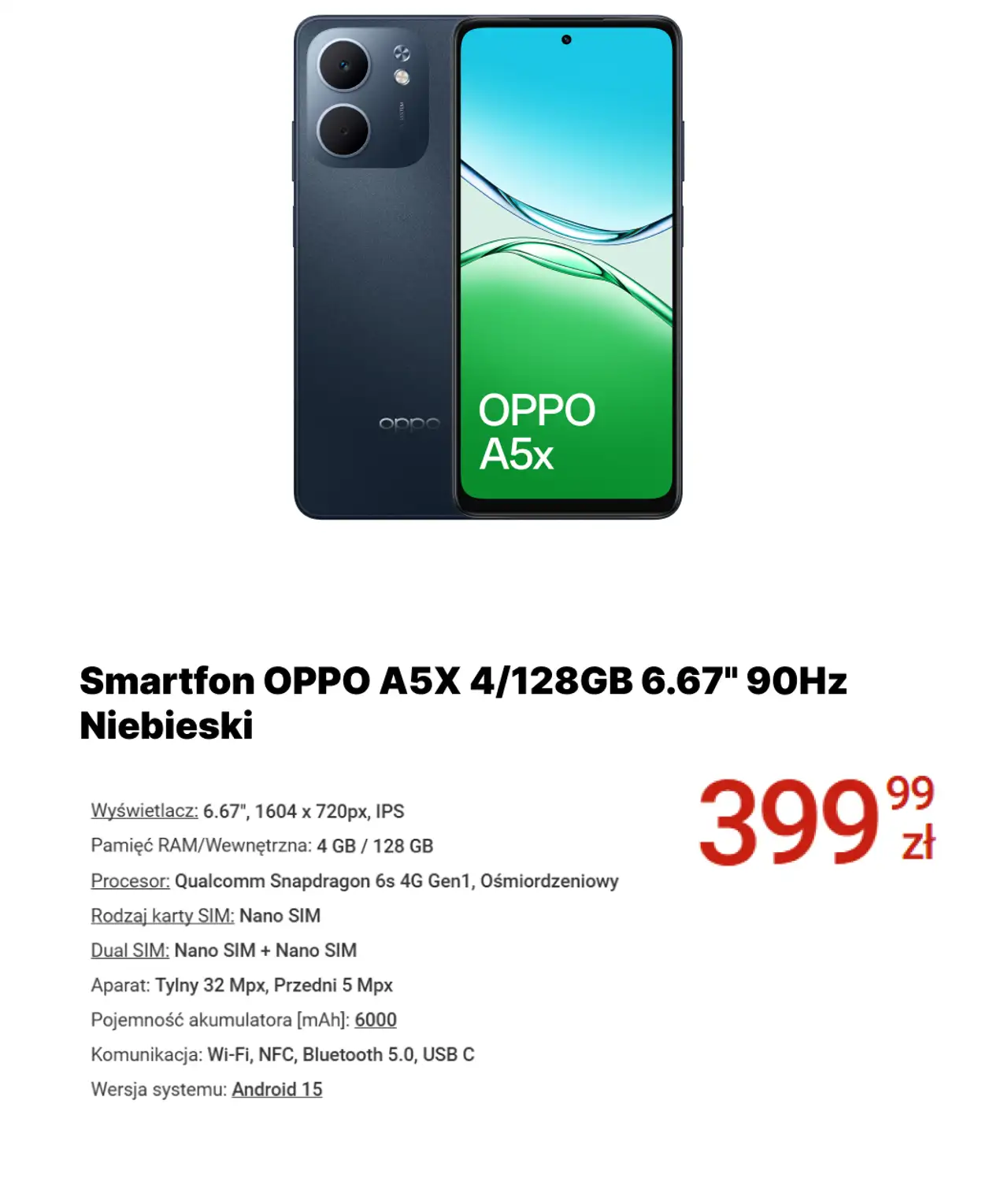 Smartfon OPPO A5X 4/128GB 6.67" 90Hz Niebieski