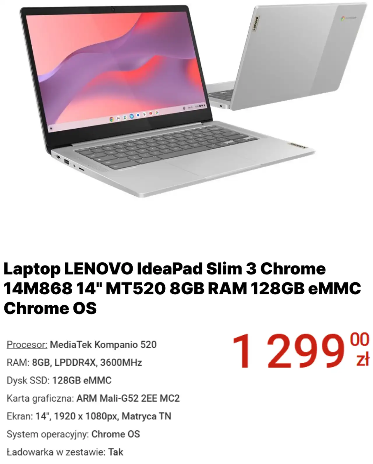 Laptop LENOVO IdeaPad Slim 3 Chrome 14M868 14" MT520 8GB RAM 128GB eMMC Chrome OS