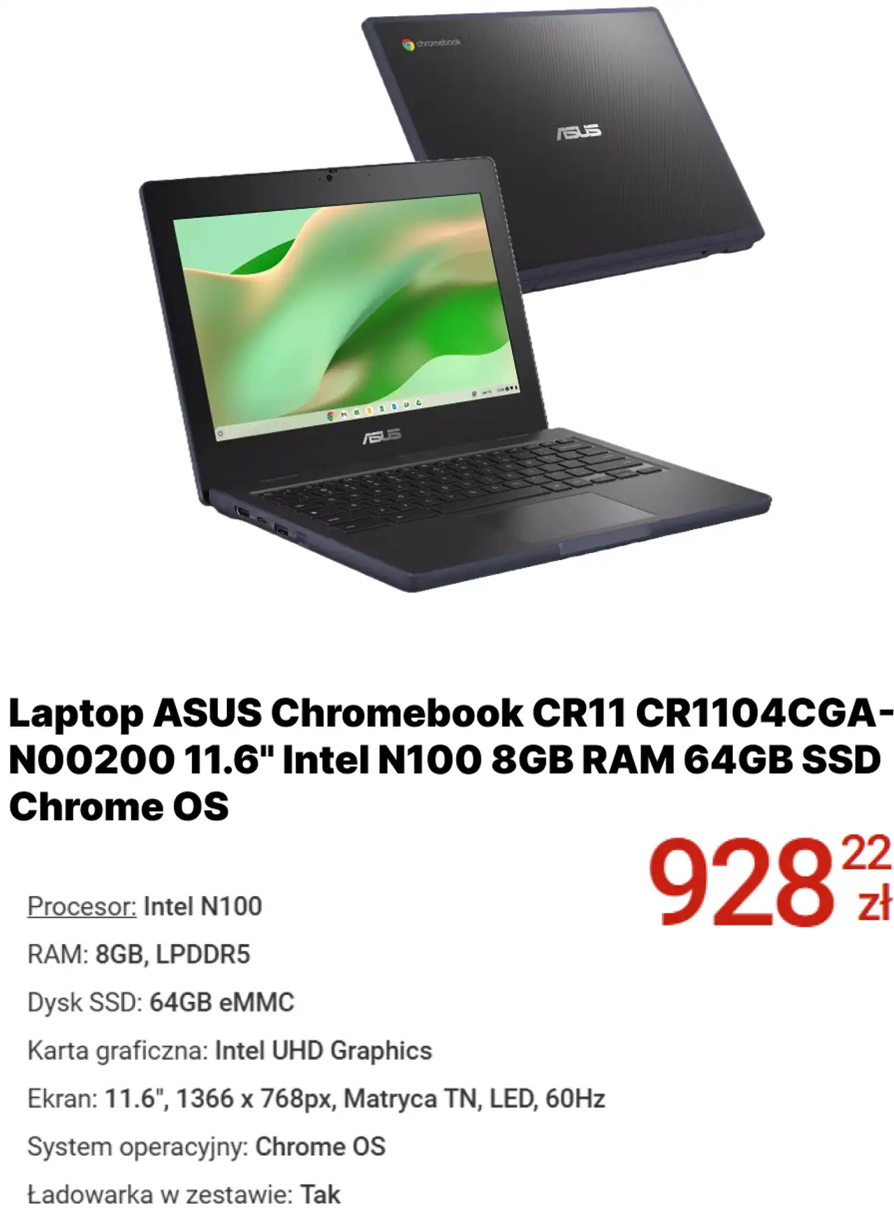 Laptop ASUS Chromebook CR11 CR1104CGA-N00200 11.6" Intel N100 8GB RAM 64GB SSD Chrome OS