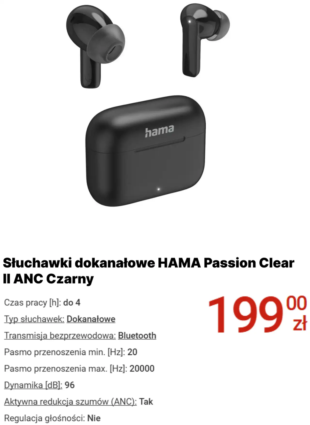Słuchawki dokanałowe HAMA Passion Clear II ANC Czarny