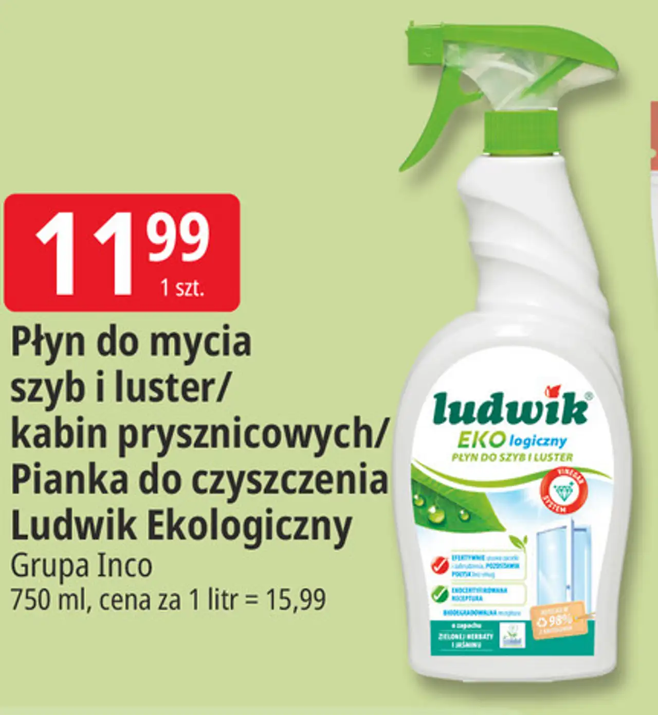 Płyn do mycia szyb i luster/kabin prysznicowych/Pianka do czyszczenia Ludwik Ekologiczny