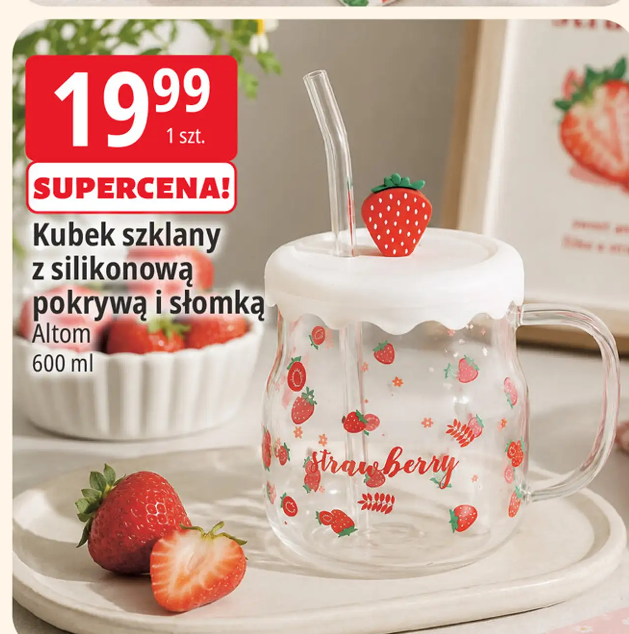 Kubek szklany z silikonową pokrywą i słomką Altom