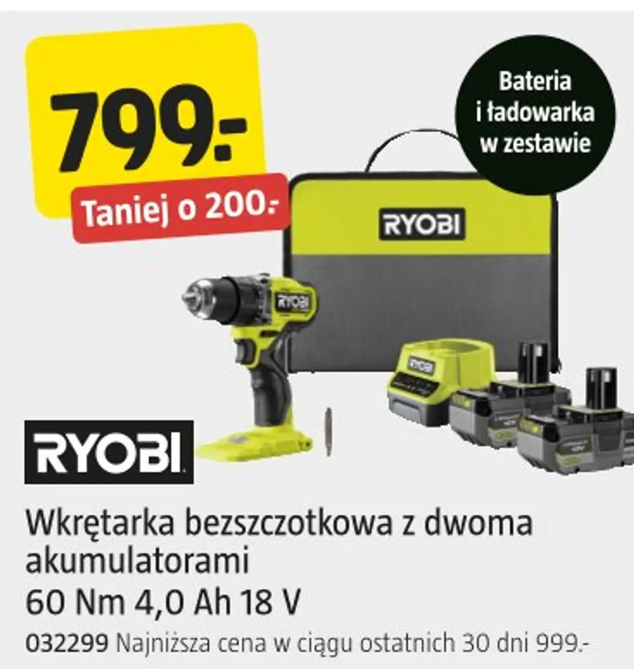 RYOBI Wkrętarka bezszczotkowa z dwoma akumulatorami 60 Nm 4,0 Ah 18 V