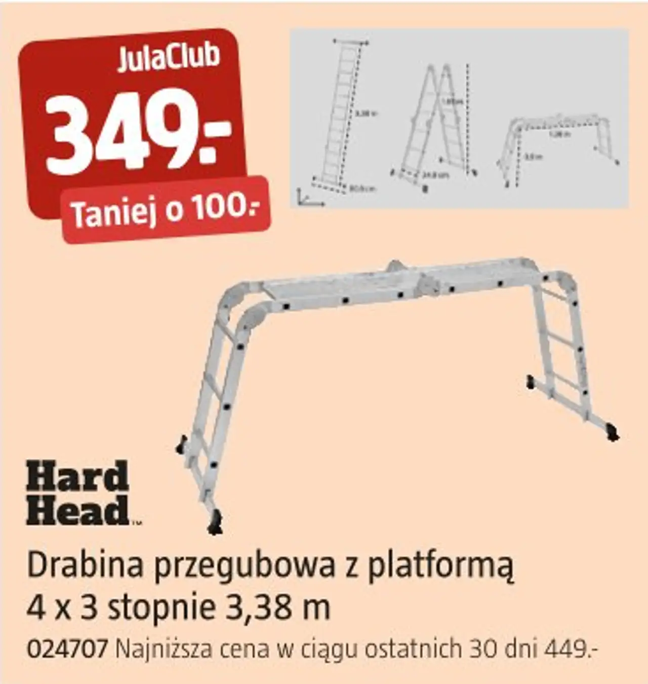 Drabina przegubowa z platformą 4 x 3 stopnie 3,38 m Hard Head
