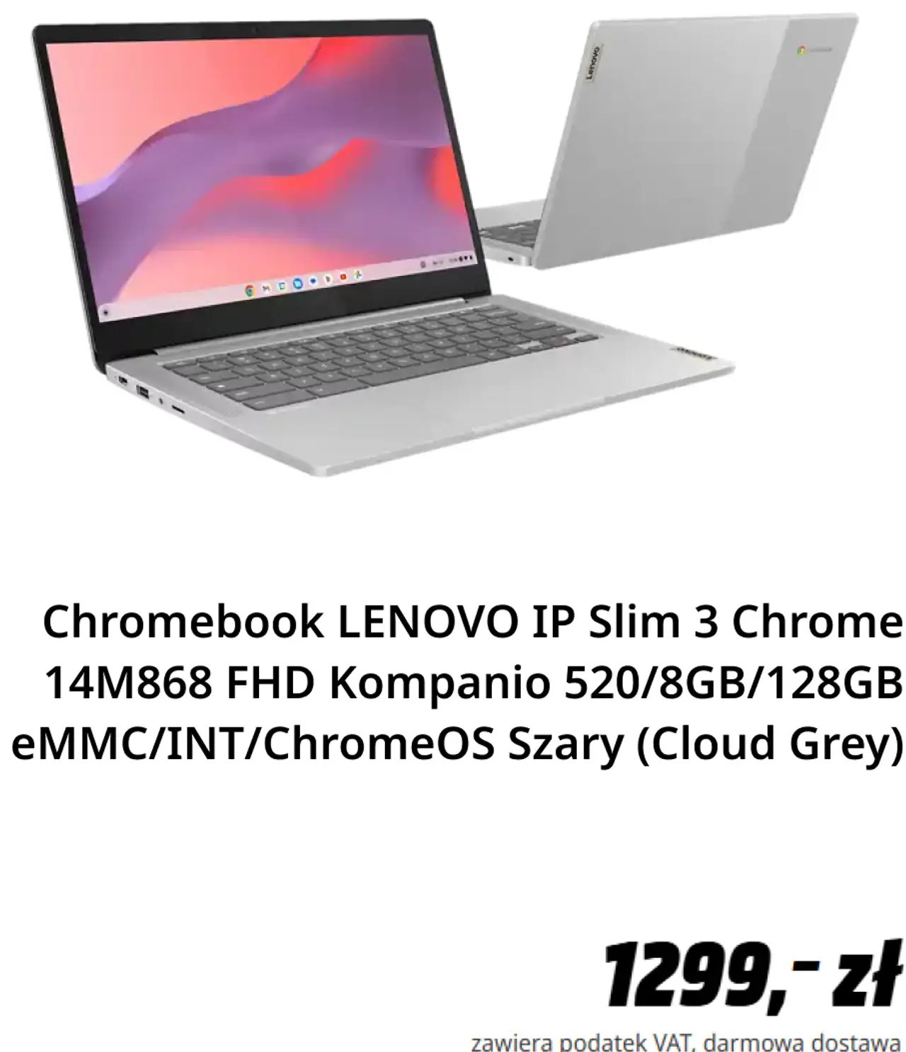 Chromebook LENOVO IP Slim 3 Chrome 14M868 FHD Kompanio 520/8GB/128GB eMMC/INT/ChromeOS Szary (Cloud Grey)