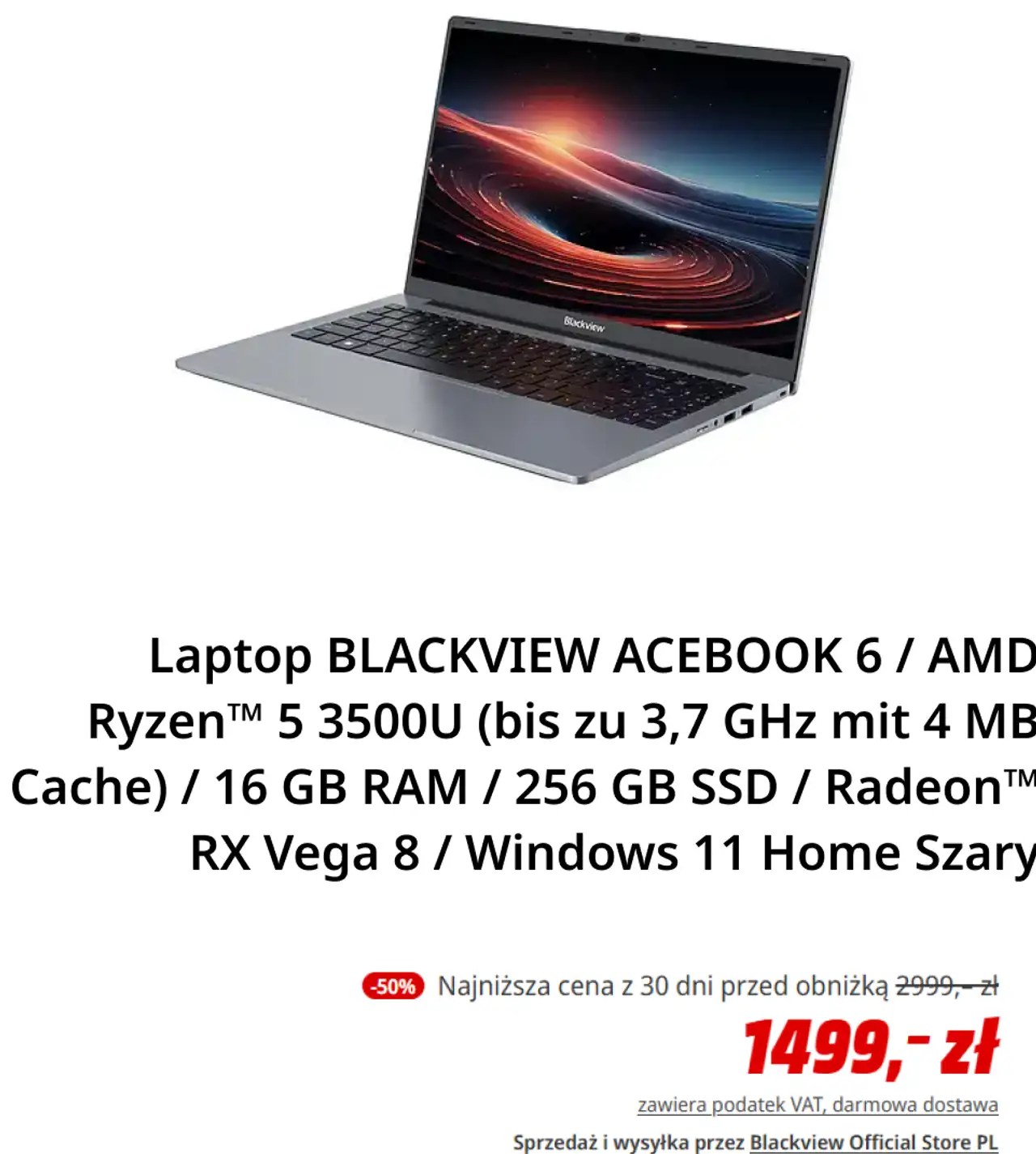 Laptop BLACKVIEW ACEBOOK 6 / AMD Ryzen™ 5 3500U (bis zu 3,7 GHz mit 4 MB Cache) / 16 GB RAM / 256 GB SSD / Radeon™ RX Vega 8 / Windows 11 Home Szary