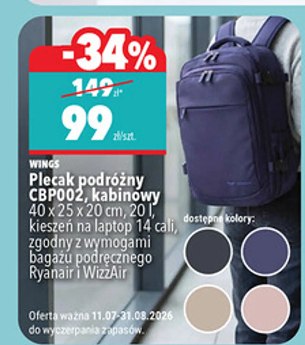 Wings Plecak podróżny CBP002, kabinowy