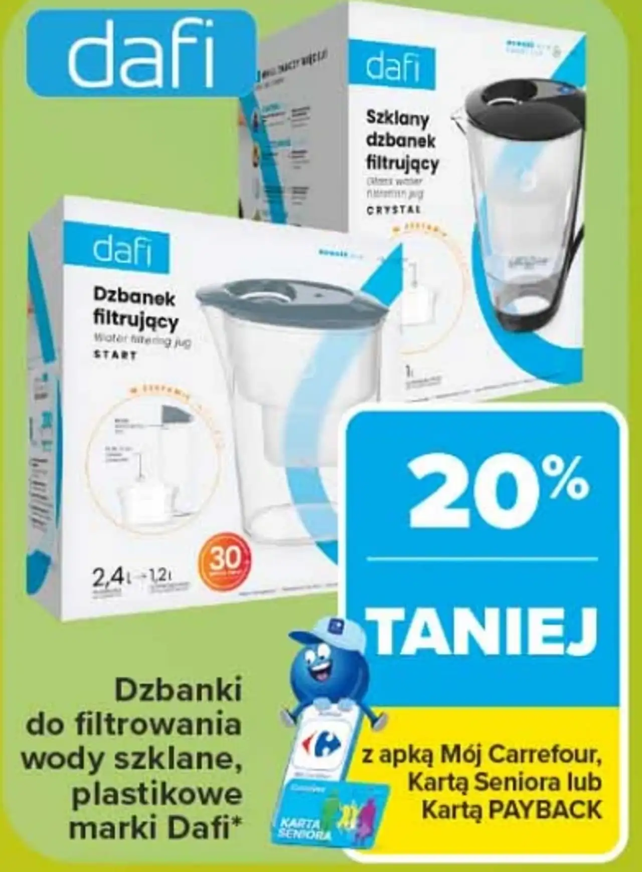 Dzbanki do filtrowania wody szklane, plastikowe marki Dafi