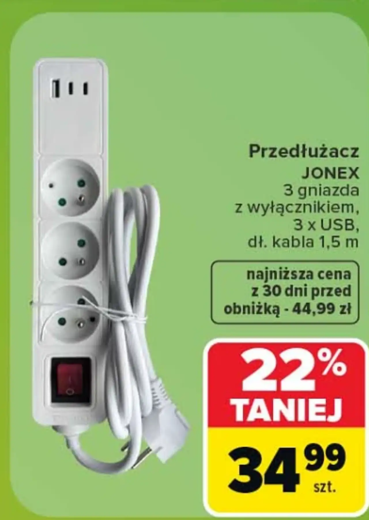 Przedłużacz Jonex 3 gniazda z wyłącznikiem, 3 x USB, dł. kabla 1,5 m