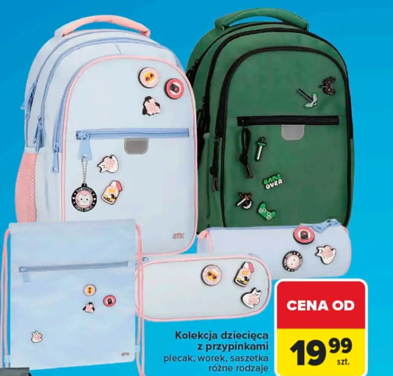 Kolekcja dziecięca z przypinkami (plecak, worek, saszetka)