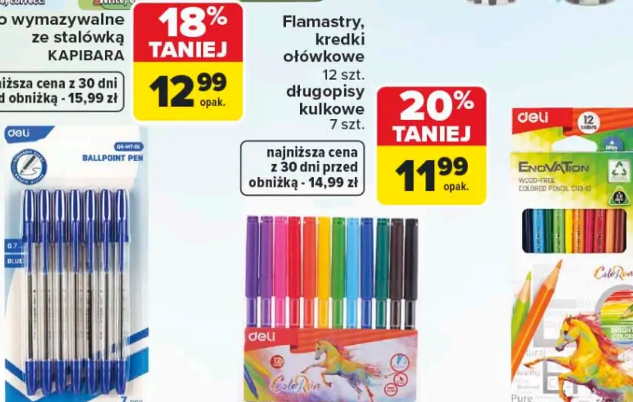 Flamastry, kredki ołówkowe 12 szt. lub długopisy kulkowe 7 szt. Deli